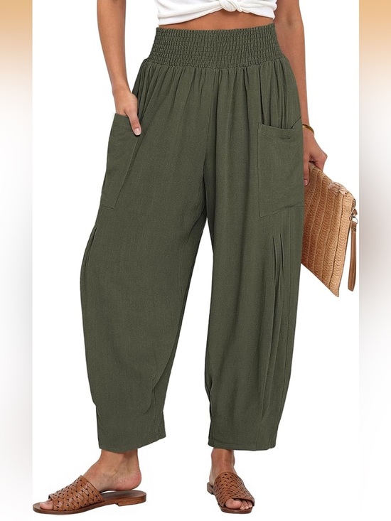 Pants - Olive Green Tapered Wide-Leg Pants w Large Side Pockets. Wide elastic waistband